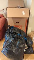 Cardboard box and three large black trash bags containing items in the lot.