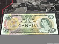 Front side of the 1979 Canadian $20 bill with Queen Elizabeth II portrait and Canadian coat of arms.