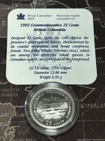 1992 Royal Canadian Mint coin with detailed description and specifications on certificate above the coin. Highlights the design theme and material composition.