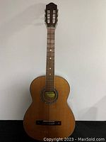 Front full view of the guitar showing the wooden body, neck with dot inlays, and headstock with tuning pegs.