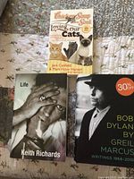 Three books displayed together on a fabric surface: Chicken Soup for the Soul Loving Our Cats, Life by Keith Richards, and Bob Dylan biography.