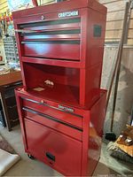Front view of stacked red Craftsman top chest and bottom rolling cabinet