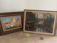 Two framed oil paintings together with measuring tape