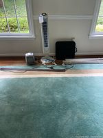 Full lot overview showing tall tower fan with remote, small heater fan, seat cushion, and extension cord laid out on a rug against a wall beneath windows.