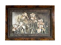 Full view of the large framed print showing the iris floral artwork and the ornamental wooden frame.
