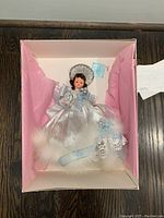 Angel figurine dressed in silver with lace, feather trim, and blue ribbons, seen from above inside the original pink box seating on pink tissue paper.