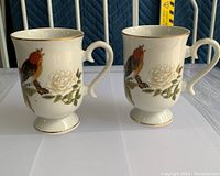 Front view of two white porcelain mugs featuring a robin bird perched on a branch with green leaves and a white flower. Gold trim around the rim and footed base.