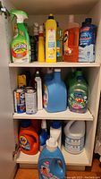 Photo of multiple household cleaning products and laundry detergents arranged on shelves inside a cabinet.