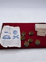Lot of six flower frogs arranged on red cloth with instruction sheet and two small white rectangular containers