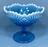 Front view of rare Davidson Pearline Lords and Ladies blue opalescent glass compote showing detailed diamond and sunburst pattern, scalloped pearline bead rim, and pedestal base.