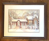 Full view of the framed lithograph titled 'The Museum' showing the entire artwork and frame on a wood floor.