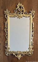 Full view of the Syroco Rococo style wall mirror showing entire ornate gold frame and mirror glass against wood floor background.