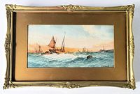 Frontal photo of the original watercolour painting in an ornate vintage gold wood frame with bronze matting under glass.