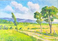 Close-up of bright oil painting on canvas showing green fields, trees, and clouds with mountains in background.