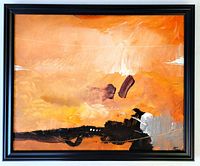 Full view of the framed abstract painting showing warm orange, yellow, black, and gray tones with bold brush strokes.
