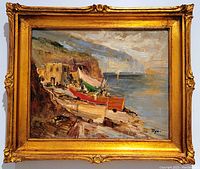 Full view of framed impressionist oil painting showing boats on rocky shore, signed lower right 'Tega'.