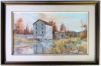Full view of the framed oil painting showing a landscape with building, bridge, and autumn foliage