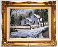 Photo of the framed oil painting showing a snowy winter scene with a house and fence, capturing the entire artwork and frame.