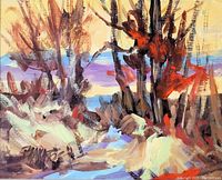 Close-up of the painting showing bold brush strokes, signature lower left, and color palette.