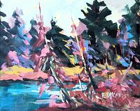 Close-up of the oil on panel painting depicting a forest and lake with vibrant brushstrokes