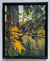 Framed acrylic painting showing nature scene with textured yellow flowers, tree trunk and leaves, signed by Michelle Langlois.