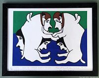 Framed silkscreen print showing two Inuit figures in white parkas facing each other on green and blue background. Signed and numbered lower edges.