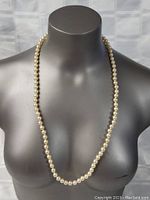 Full view of the 30-inch pearl necklace on a display bust showing length and overall condition.