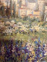 Close-up of floral print showing impressionistic flowers in purples and whites with distant buildings in the background.