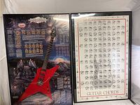 Two framed posters side by side; left is a rock guitar poster with a red electric guitar and fireworks, right is a Guitar Chords chart.