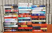 Lot of 48 colorful softcover books stacked in several organized rows leaning against a rough concrete wall, showing mostly spines with titles and authors in the mystery/thriller/romance genres.