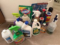 Various cleaning products in bottles including Clorox, Soft Scrub, Fantastik, Works, hand sanitizer and more.
