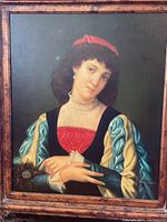 Full view of the painting showing the woman in Renaissance-style clothing and signature in lower right corner.