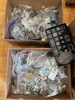 Box with many ziplock bags containing assorted costume jewelry including bracelets, necklaces, and brooches.
