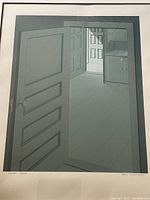 Full framed print showing an open door interior in blue-gray tones