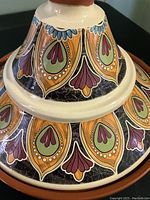 Close-up photo of the tagine lid showing colorful decorative patterns and glaze finish.