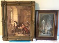 Photo showing both framed artworks side by side: larger F. M. Bennett print with antique wooden frame and smaller Fletcher-Watson chromolithograph with boxed glass frame.