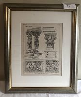 Framed black and white lithograph plate depicting architectural sketches and ornamental designs from 1874 book by Richard Norman Shaw, showing front view.