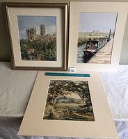 Group shot of all three watercolour paintings; one framed without glass, two matted