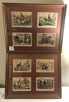 Two framed artworks each containing four hand-colored John Leech engravings with maroon matting, gold trimmed wooden frames measured about 21 1/4 by 17 1/4 inches