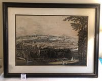 Full framed engraving showing panoramic cityscape with foreground figures and hills in the background.