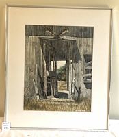 Full view of the framed watercolour painting depicting barn entrance in natural setting.