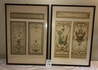 Pair of framed chromolithograph prints with decorative motifs in glass frames, front view showing both artworks side by side