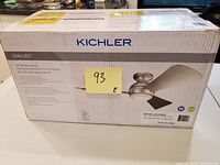 Front of box showing Kichler branding, Sola LED model name, blade sweep, and product image.