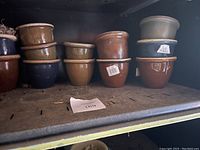 Shelf holding 12 glazed clay plant pots grouped in pairs by different earthy colors including brown, green, and dark blue, dusty and needing cleaning.