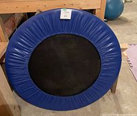 Mini trampoline with blue padded border and black jumping surface leaning against a wooden wall in a basement setting.