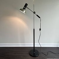 Black adjustable floor lamp standing on dark wood floor, lit to show lamp functionality and structure.