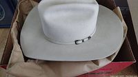 Light beige felt cowboy hat with wide brim and decorative buckle on hatband seen from above inside a box.