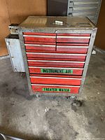 Front view of red toolbox on casters with labels Instrument Air and Treated Water on drawers, stainless steel top, showing wear and dirt on concrete floor.