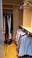 Clothing hung on two closet rods including blouses, dress shirts, and dresses in various colors such as light blue, white, pink, beige, black, and patterned designs.