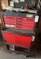 Full view of stacked Homak tool chests in garage